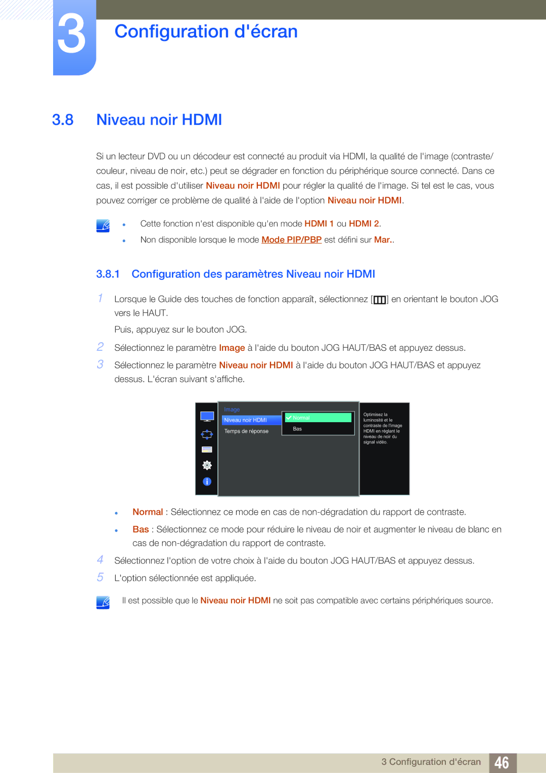 Samsung LU28D590DS/EN manual Configuration des paramètres Niveau noir Hdmi 