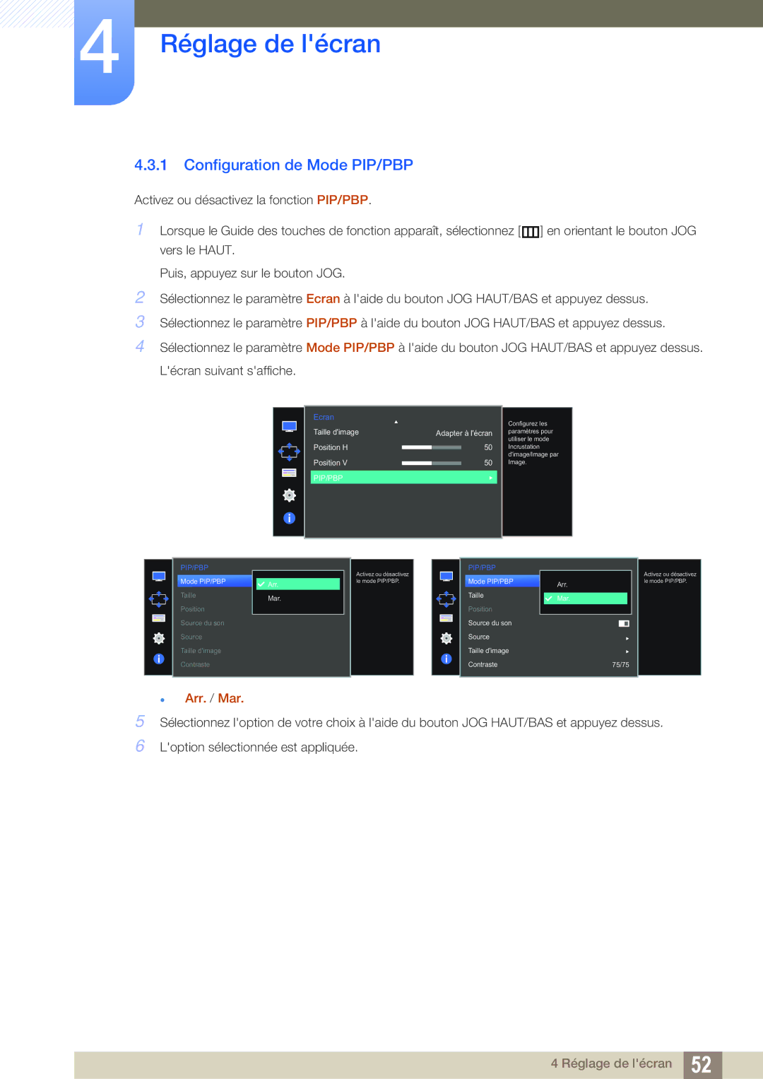 Samsung LU28D590DS/EN manual Configuration de Mode PIP/PBP,  Arr. / Mar 