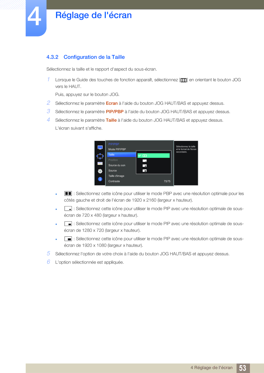 Samsung LU28D590DS/EN manual Configuration de la Taille, Pip/Pbp 