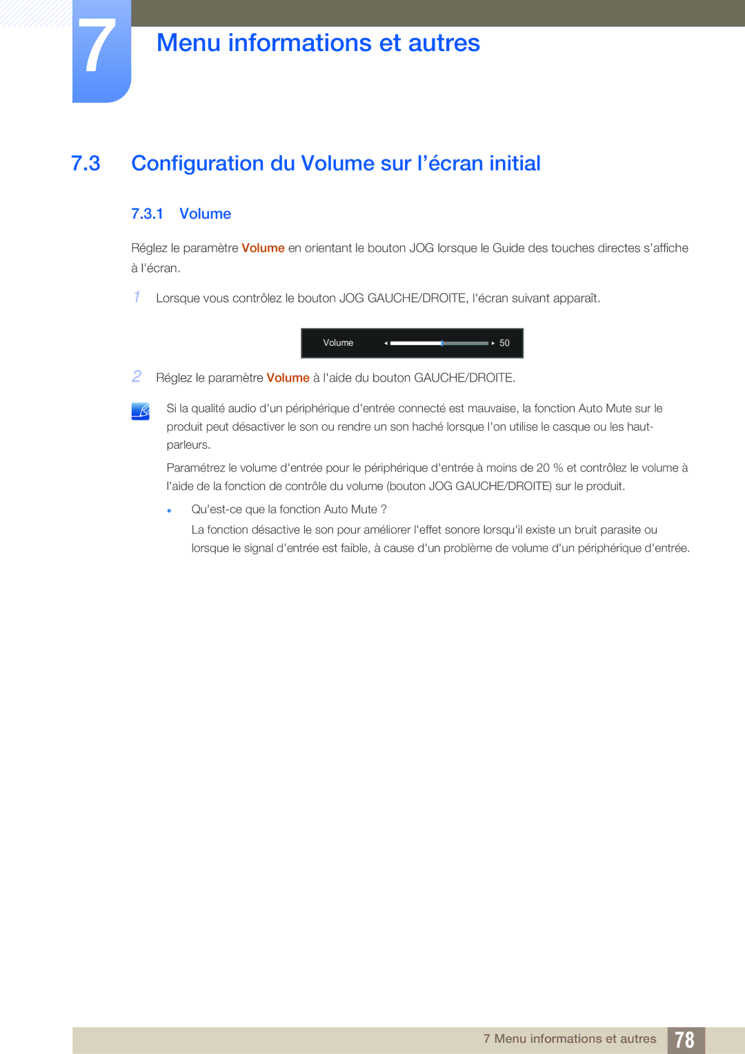 Samsung LU28D590DS/EN manual Configuration du Volume sur l’écran initial 