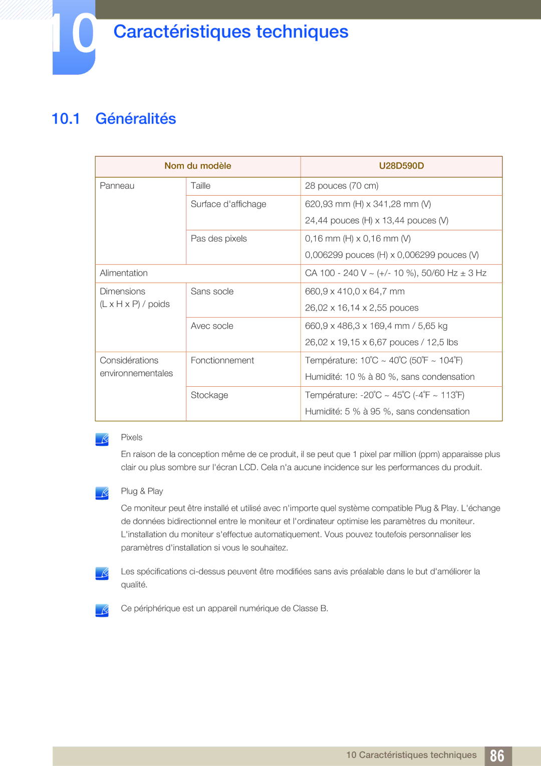 Samsung LU28D590DS/EN manual Caractéristiques techniques, 10.1 Généralités 