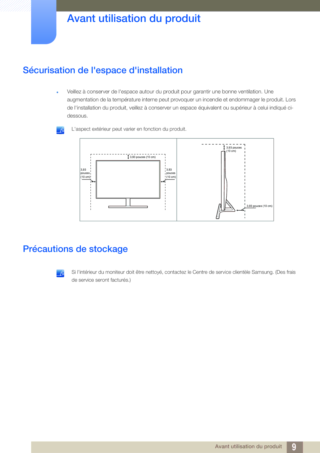 Samsung LU28D590DS/EN manual Sécurisation de lespace dinstallation, Précautions de stockage 