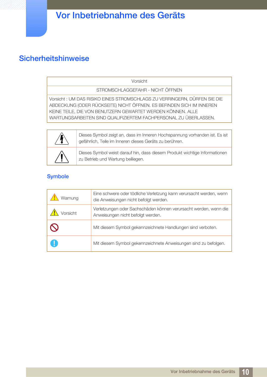 Samsung LU28D590DS/EN manual Sicherheitshinweise, Symbole 