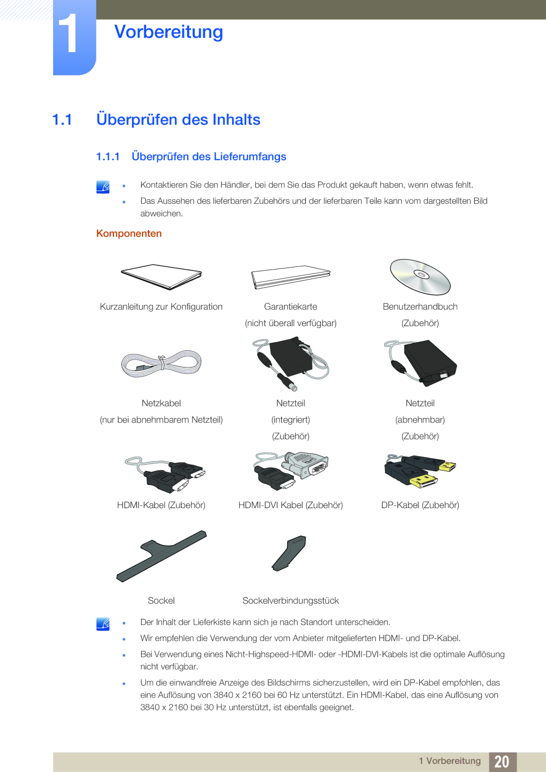 Samsung LU28D590DS/EN manual Vorbereitung, Überprüfen des Inhalts, 1 Überprüfen des Lieferumfangs, Komponenten 