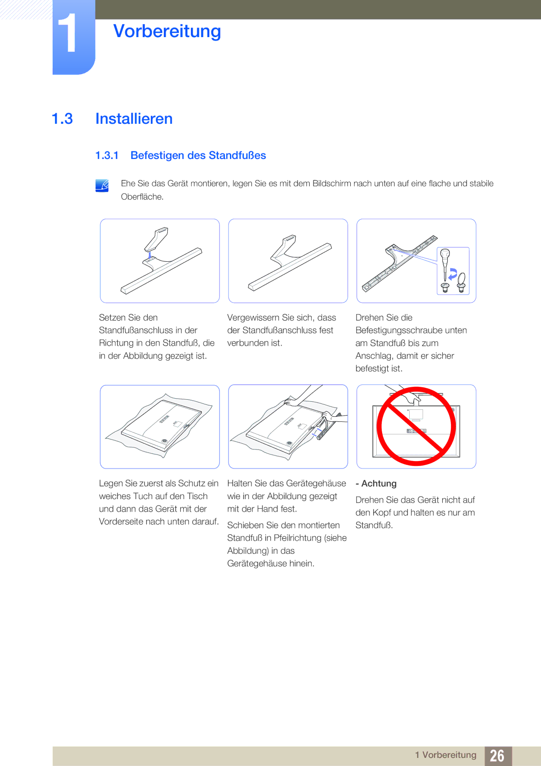 Samsung LU28D590DS/EN manual Installieren, Befestigen des Standfußes 