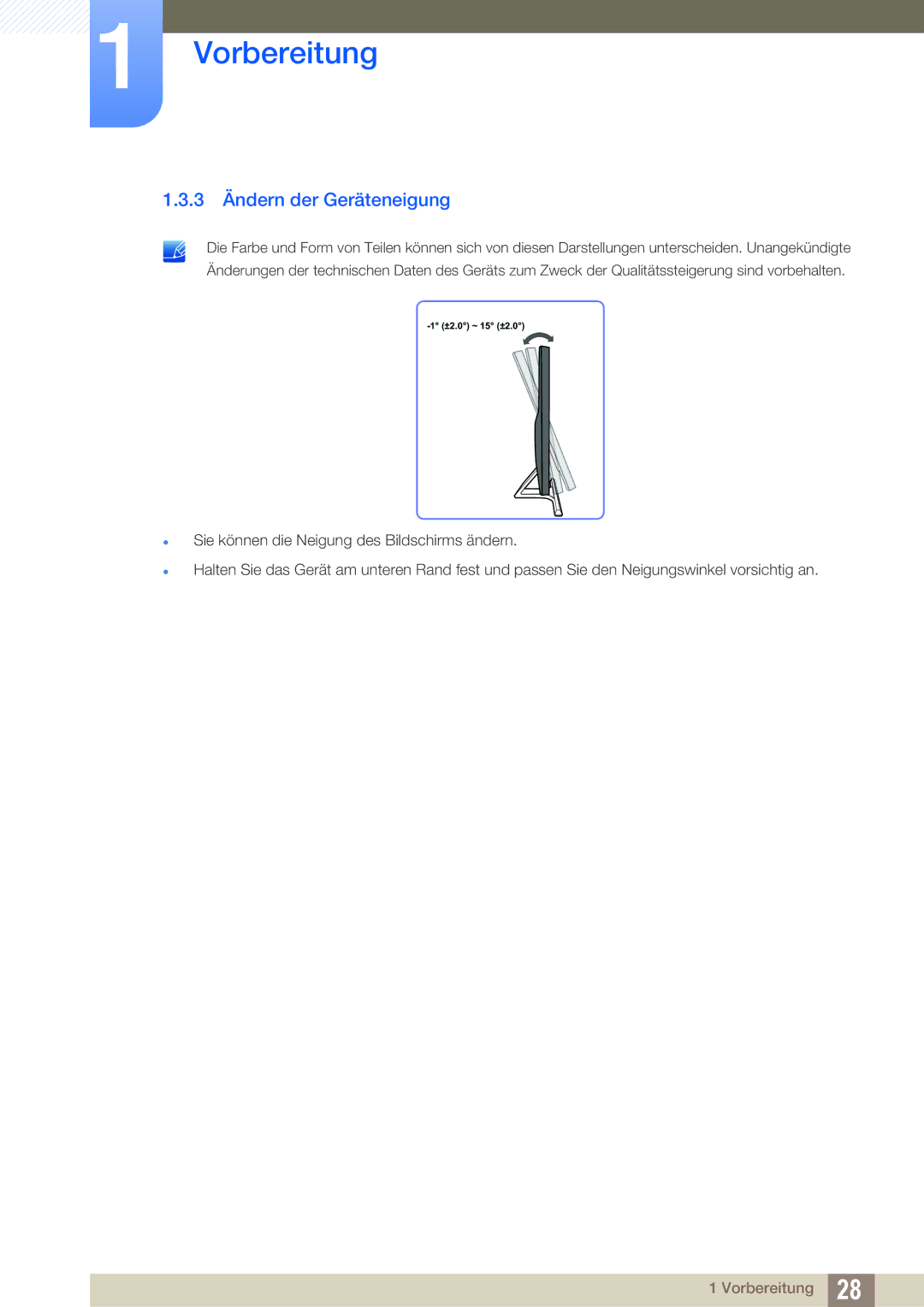 Samsung LU28D590DS/EN manual 3 Ändern der Geräteneigung 