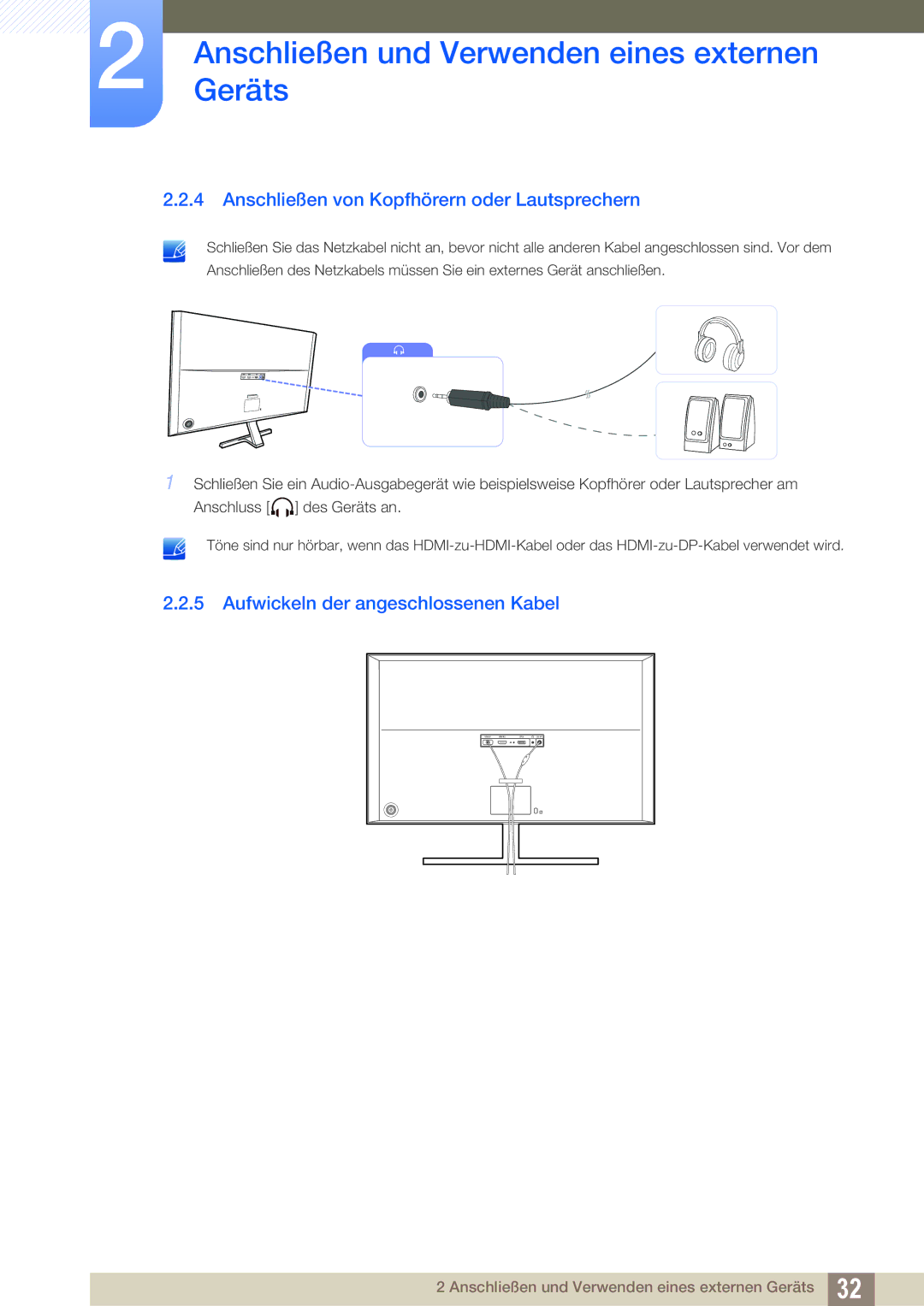 Samsung LU28D590DS/EN manual Anschließen von Kopfhörern oder Lautsprechern, Aufwickeln der angeschlossenen Kabel 