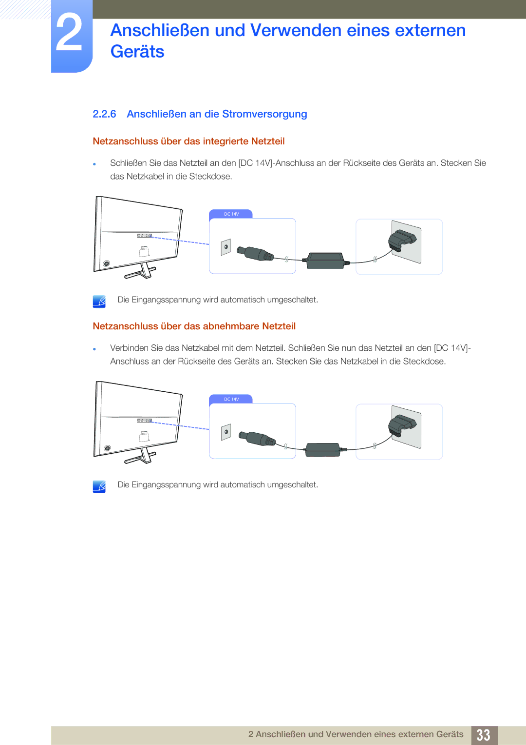 Samsung LU28D590DS/EN manual Anschließen an die Stromversorgung, Netzanschluss über das integrierte Netzteil 