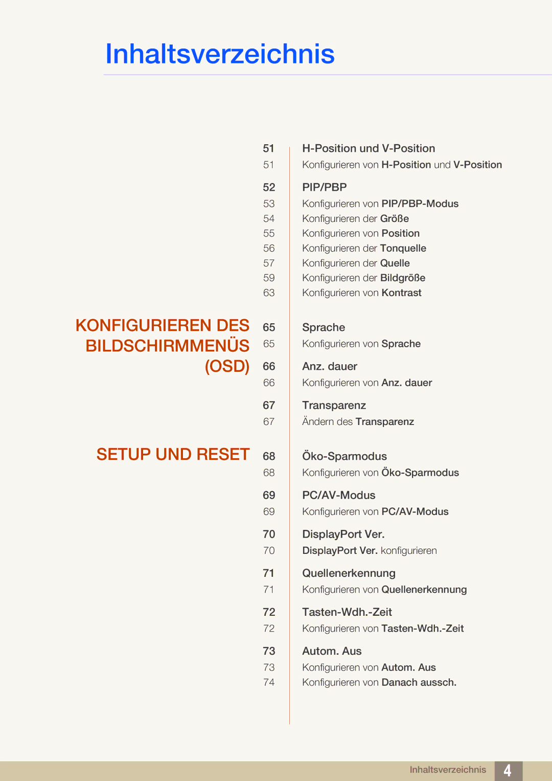 Samsung LU28D590DS/EN manual Konfigurieren DES Bildschirmmenüs OSD Setup UND Reset 