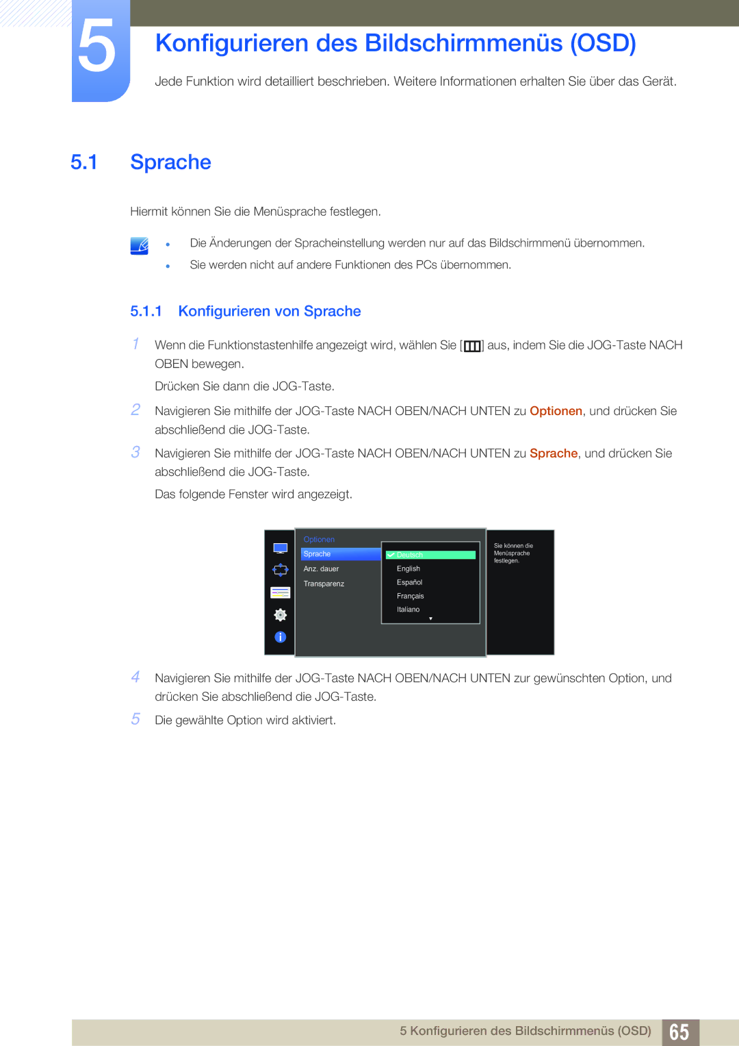 Samsung LU28D590DS/EN manual Konfigurieren des Bildschirmmenüs OSD, Konfigurieren von Sprache 