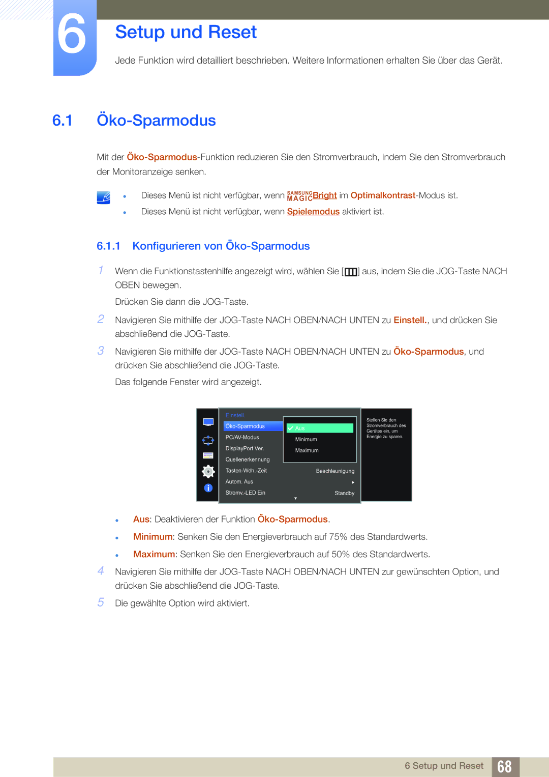 Samsung LU28D590DS/EN manual Setup und Reset, Konfigurieren von Öko-Sparmodus 