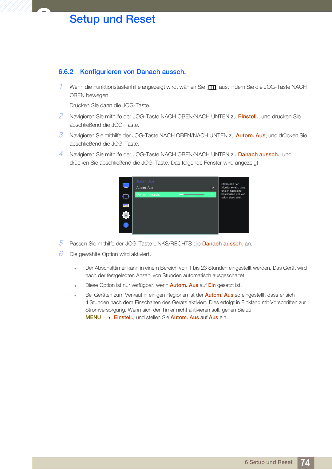 Samsung LU28D590DS/EN manual Konfigurieren von Danach aussch, Autom. Aus Ein Danach aussch 