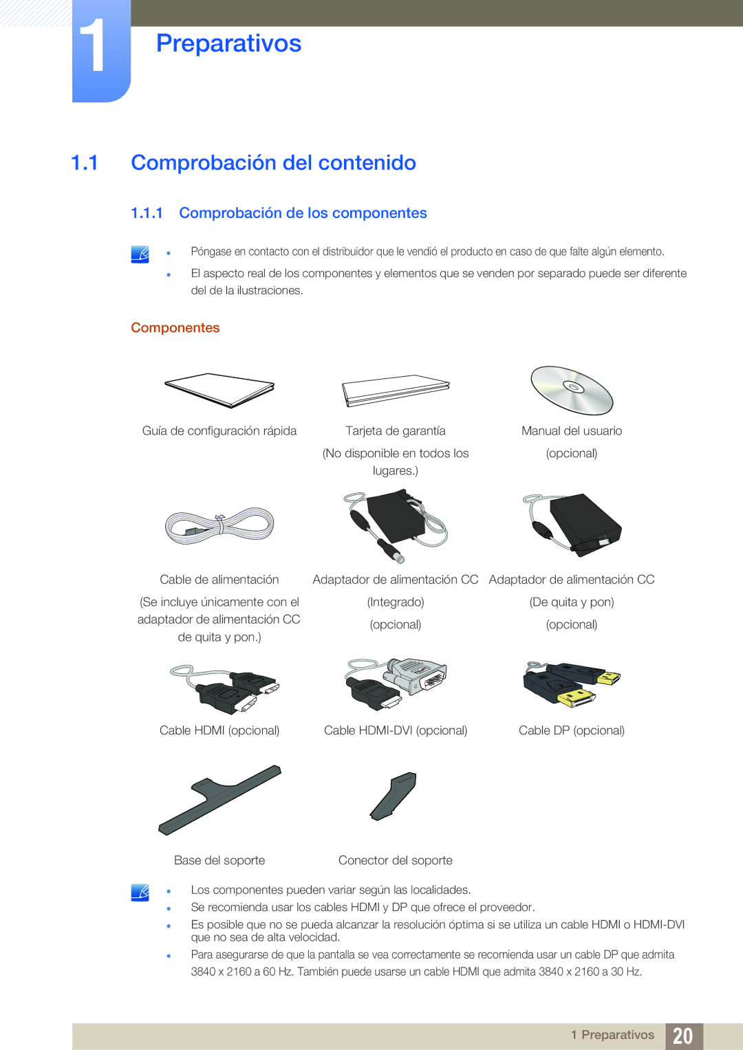 Samsung LU28D590DS/EN manual Preparativos, Comprobación del contenido, Comprobación de los componentes 