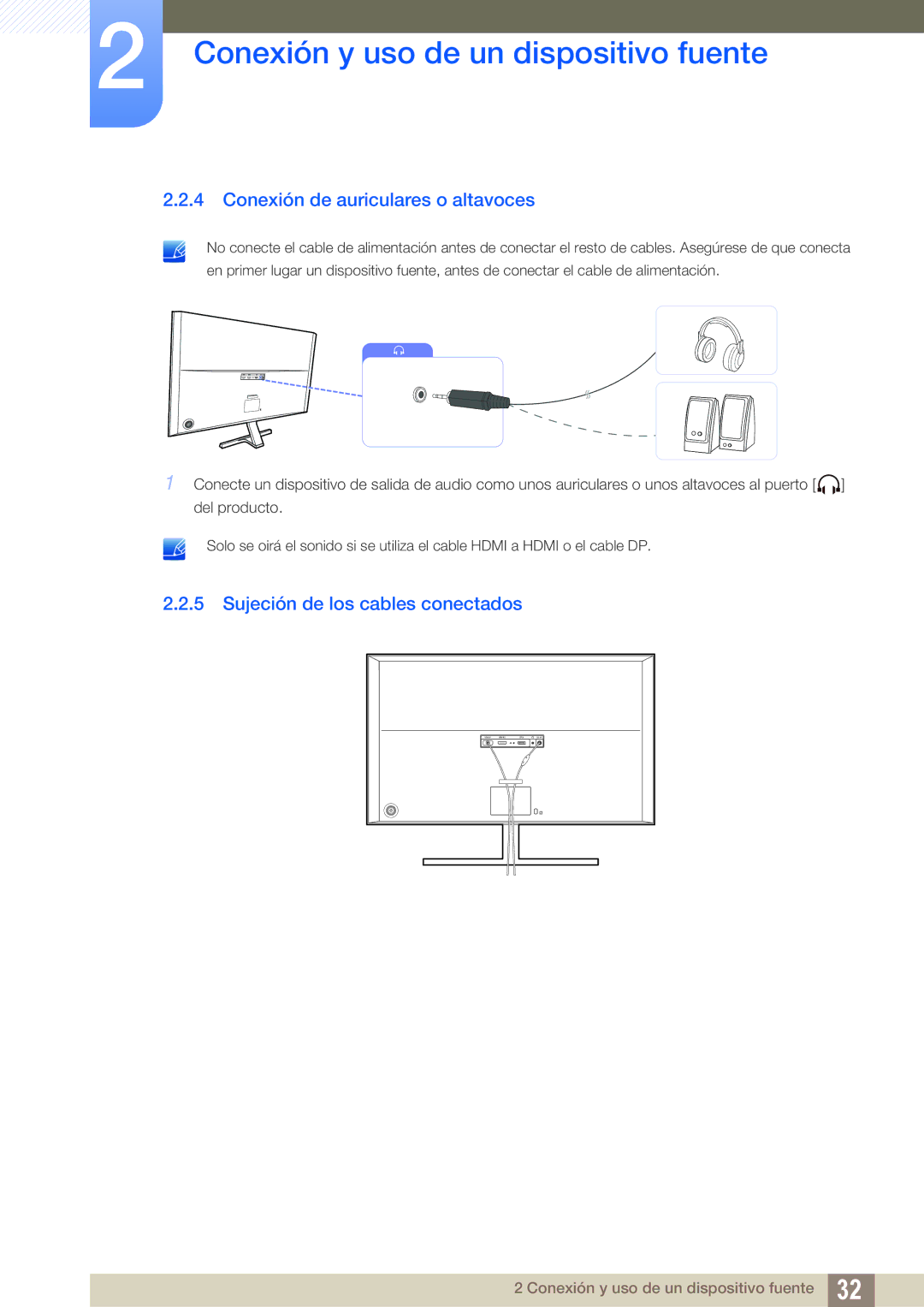 Samsung LU28D590DS/EN manual Conexión de auriculares o altavoces, Sujeción de los cables conectados 