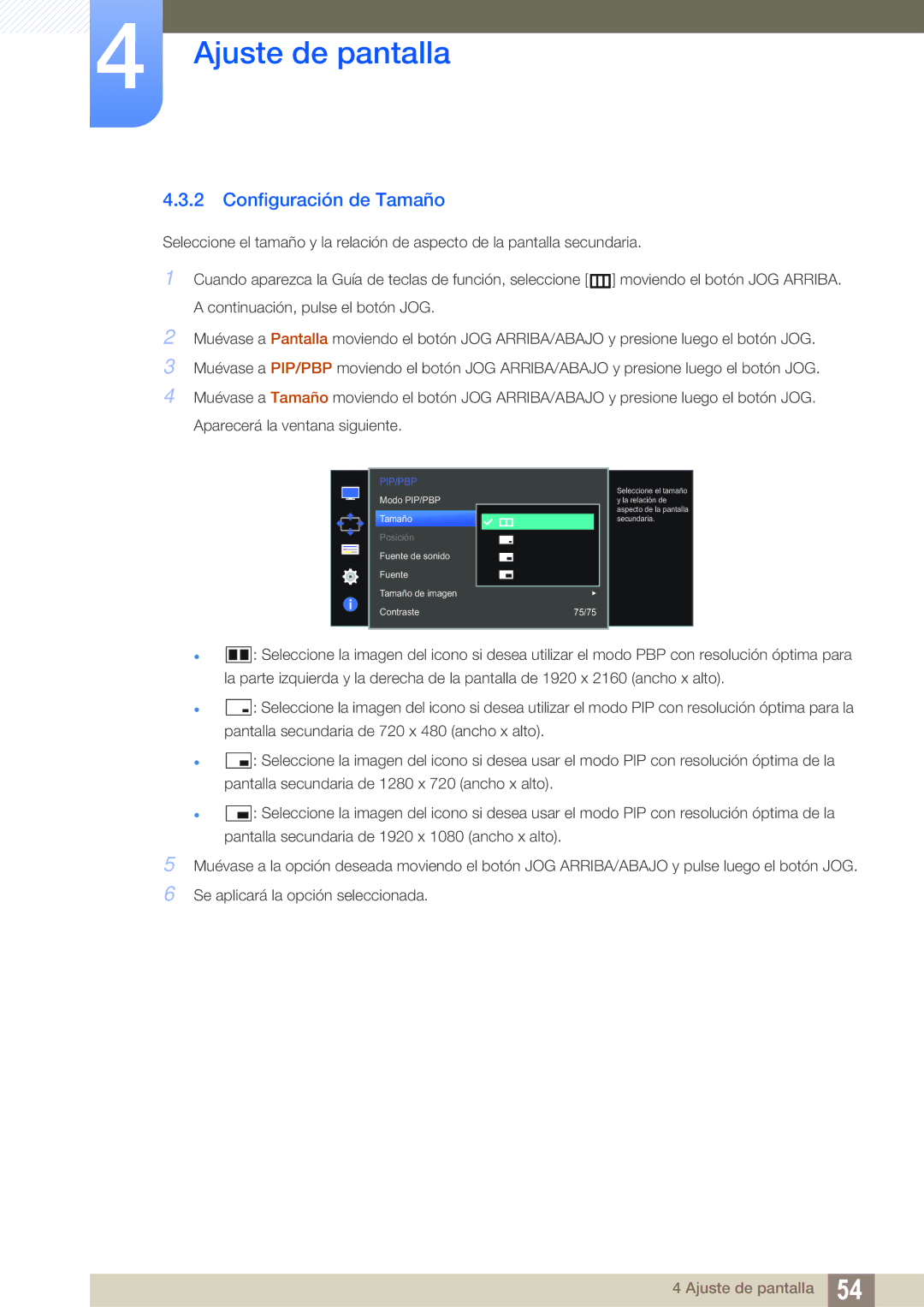 Samsung LU28D590DS/EN manual Configuración de Tamaño, Pip/Pbp 