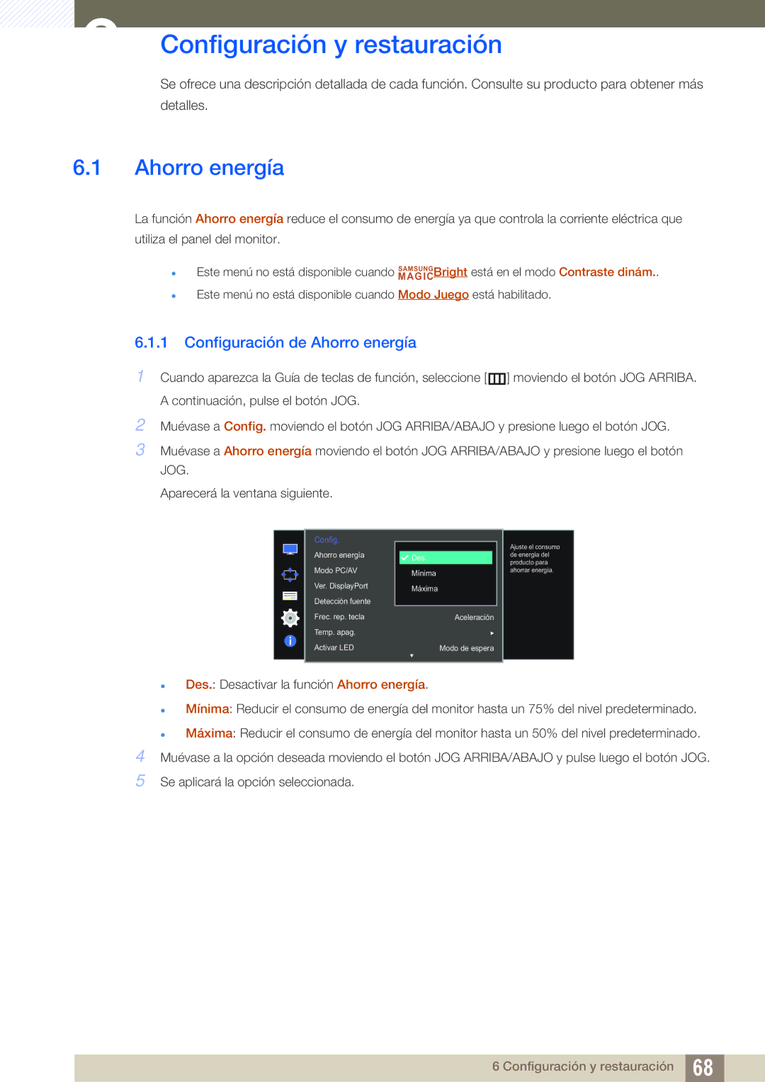 Samsung LU28D590DS/EN manual Configuración y restauración, Configuración de Ahorro energía 