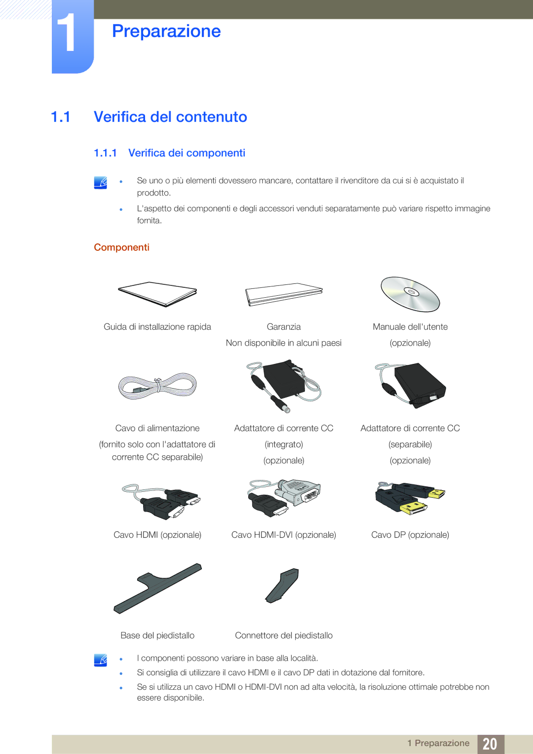 Samsung LU28D590DS/EN manual Preparazione, Verifica del contenuto, Verifica dei componenti 