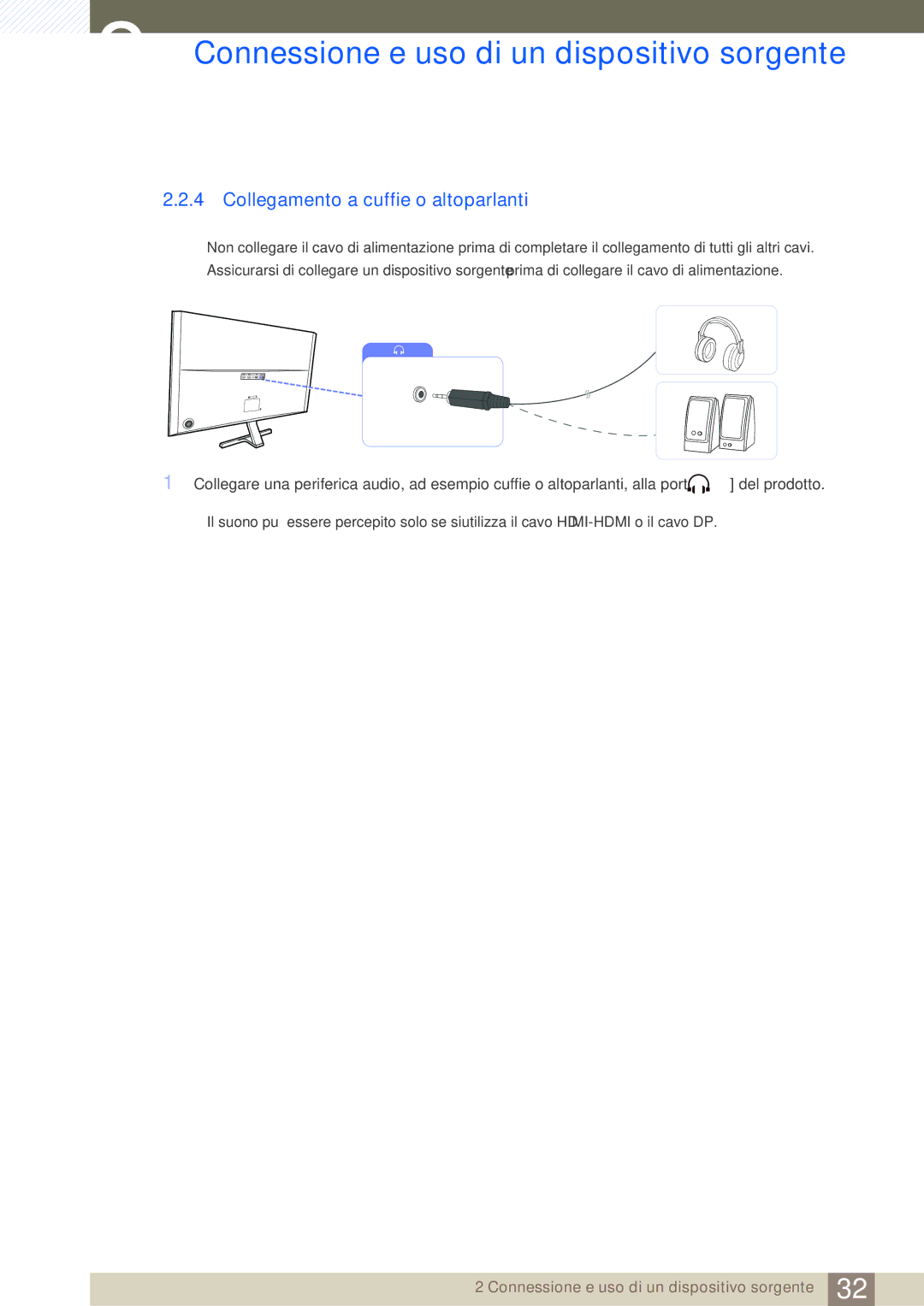 Samsung LU28D590DS/EN manual Collegamento a cuffie o altoparlanti 