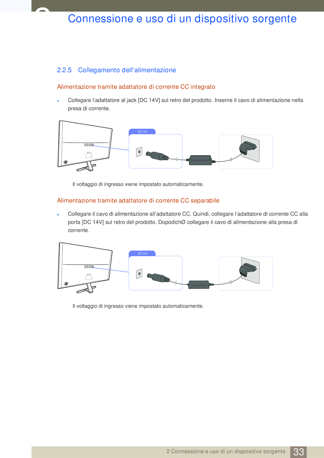 Samsung LU28D590DS/EN manual Collegamento dellalimentazione, Alimentazione tramite adattatore di corrente CC integrato 