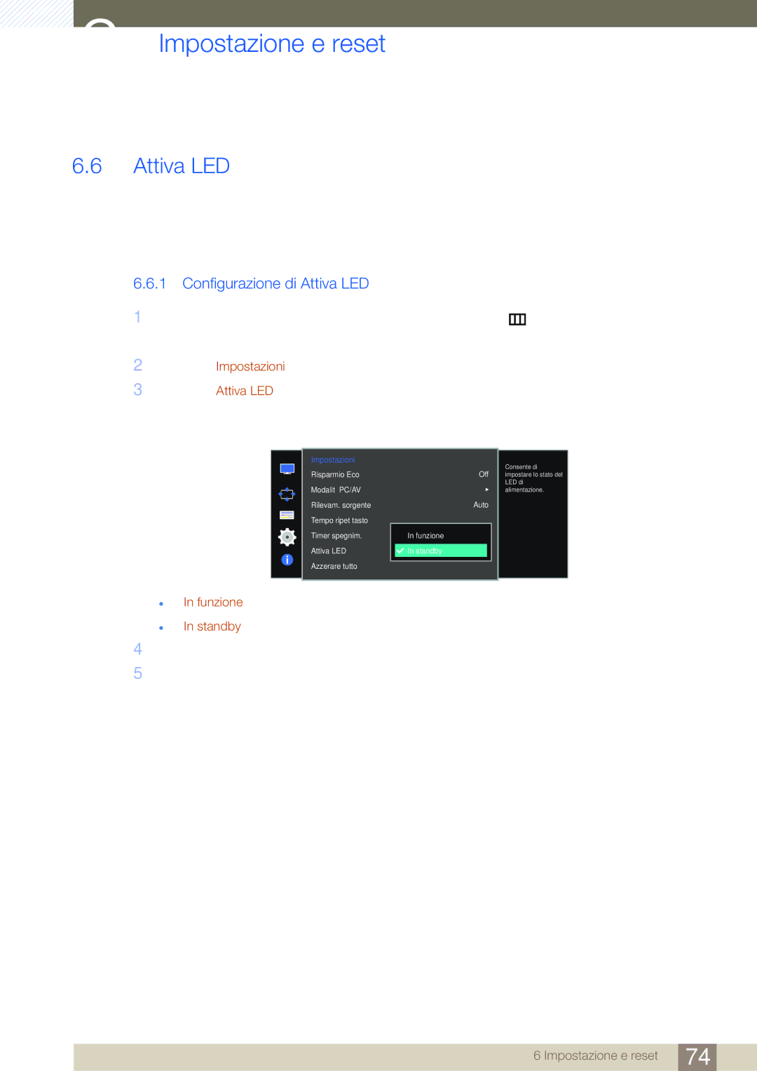 Samsung LU28D590DS/EN manual Configurazione di Attiva LED 