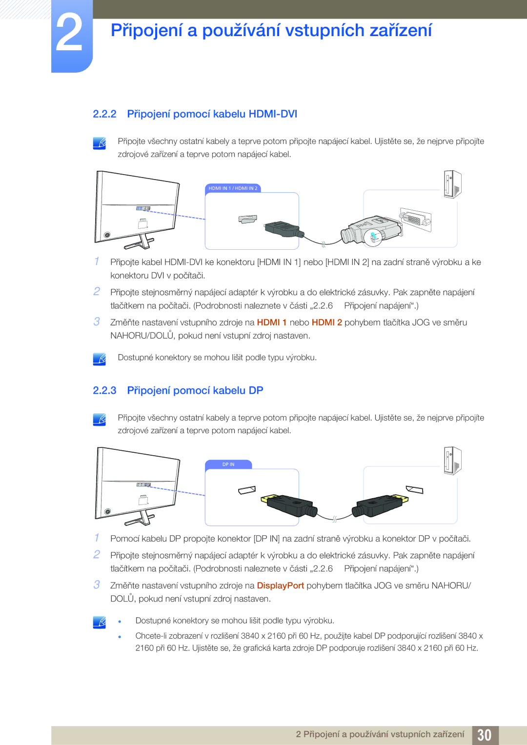 Samsung LU28D590DS/EN manual 2 Připojení pomocí kabelu HDMI-DVI, 3 Připojení pomocí kabelu DP 