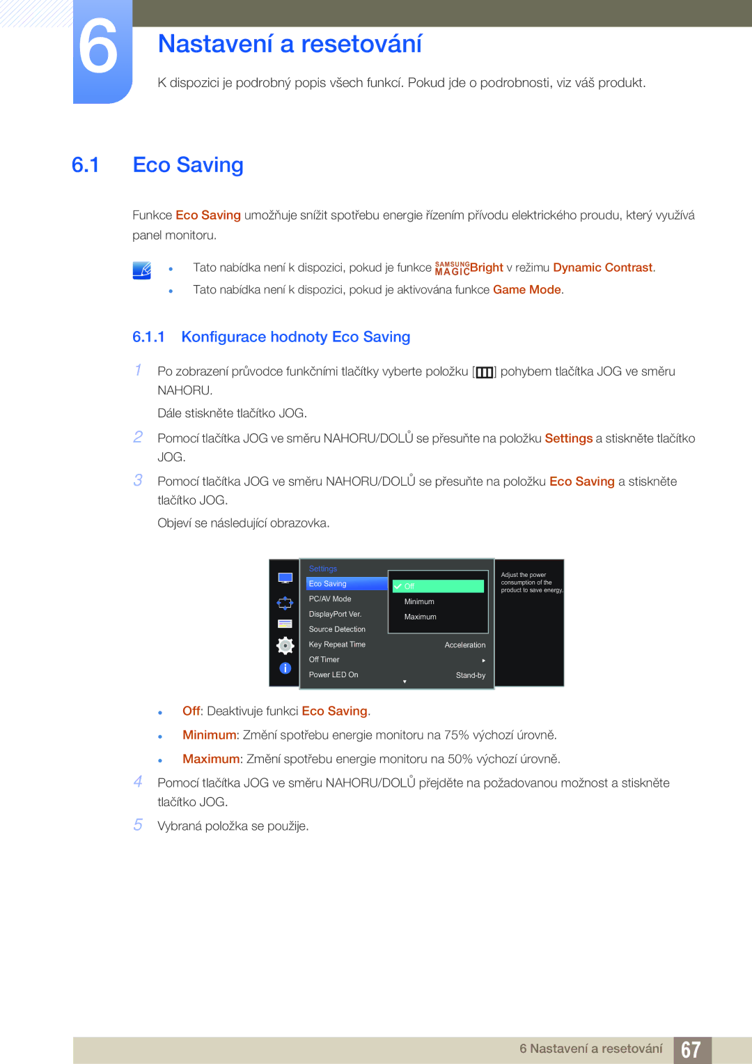 Samsung LU28D590DS/EN manual Nastavení a resetování, Konfigurace hodnoty Eco Saving 