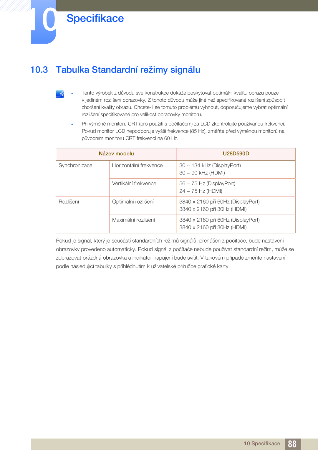 Samsung LU28D590DS/EN manual Tabulka Standardní režimy signálu 