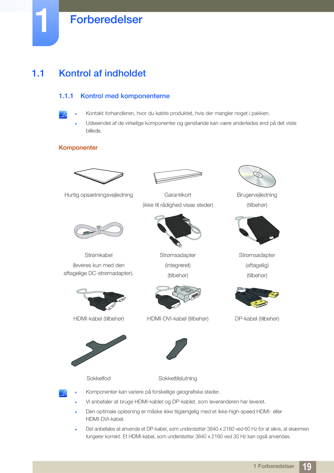 Samsung LU28D590DS/EN manual Forberedelser, Kontrol af indholdet, Kontrol med komponenterne 