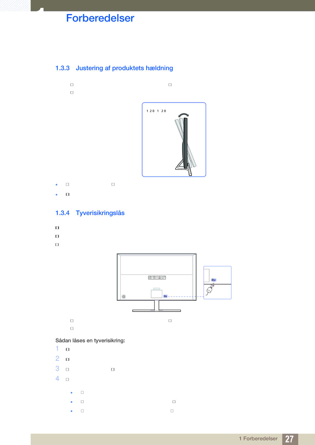 Samsung LU28D590DS/EN manual Justering af produktets hældning, Tyverisikringslås 