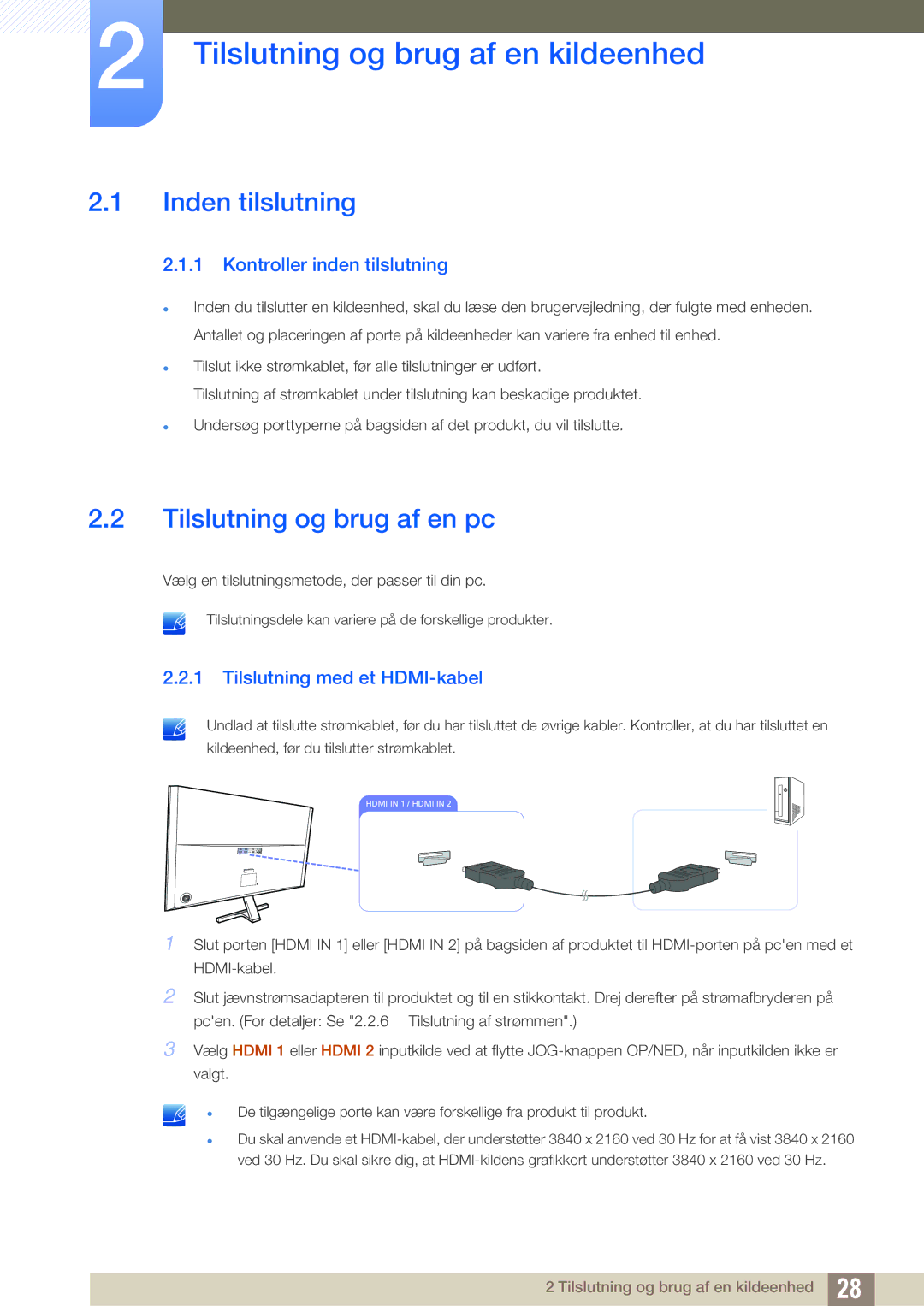 Samsung LU28D590DS/EN manual Tilslutning og brug af en kildeenhed, Inden tilslutning, Tilslutning og brug af en pc 