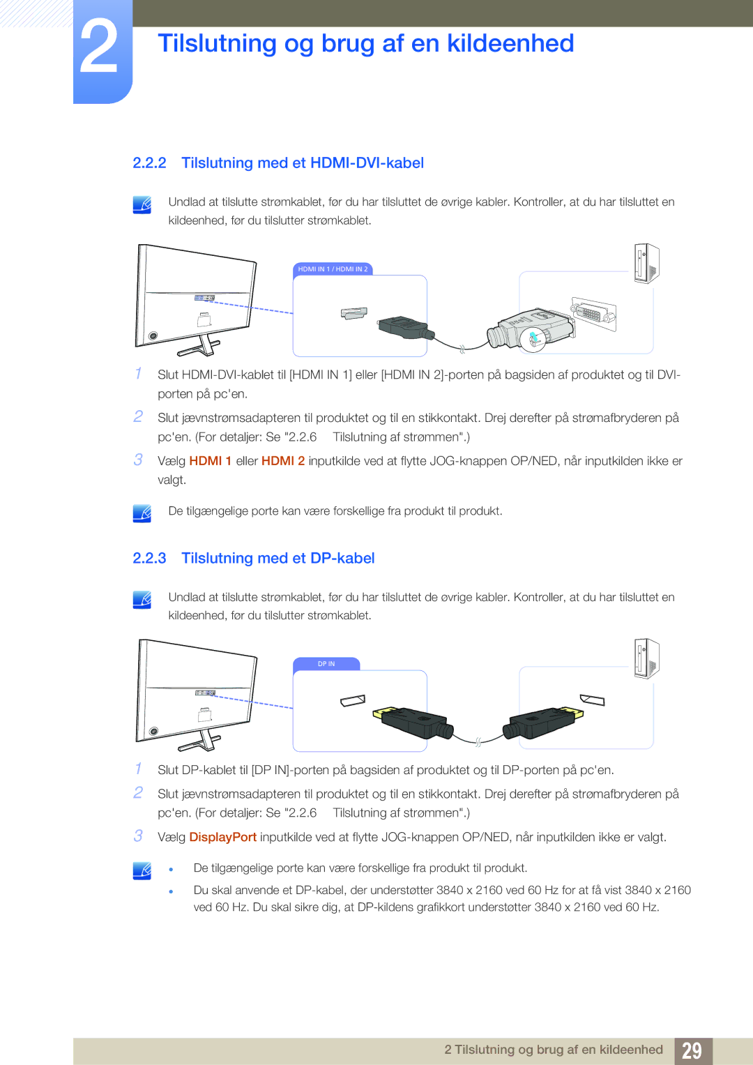 Samsung LU28D590DS/EN manual Tilslutning med et HDMI-DVI-kabel, Tilslutning med et DP-kabel 