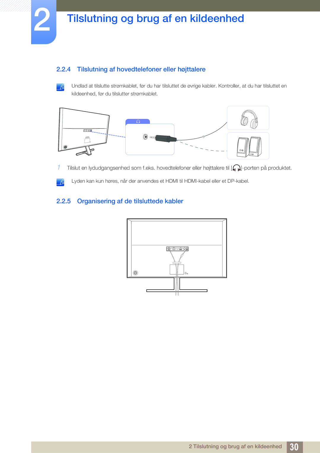 Samsung LU28D590DS/EN manual Tilslutning af hovedtelefoner eller højttalere, Organisering af de tilsluttede kabler 