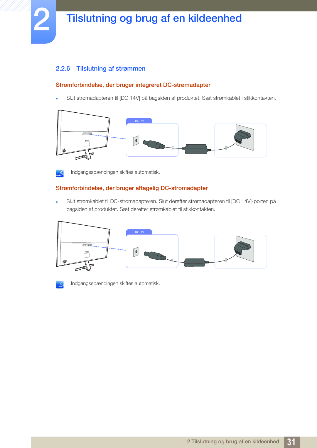 Samsung LU28D590DS/EN manual Tilslutning af strømmen, Strømforbindelse, der bruger integreret DC-strømadapter 