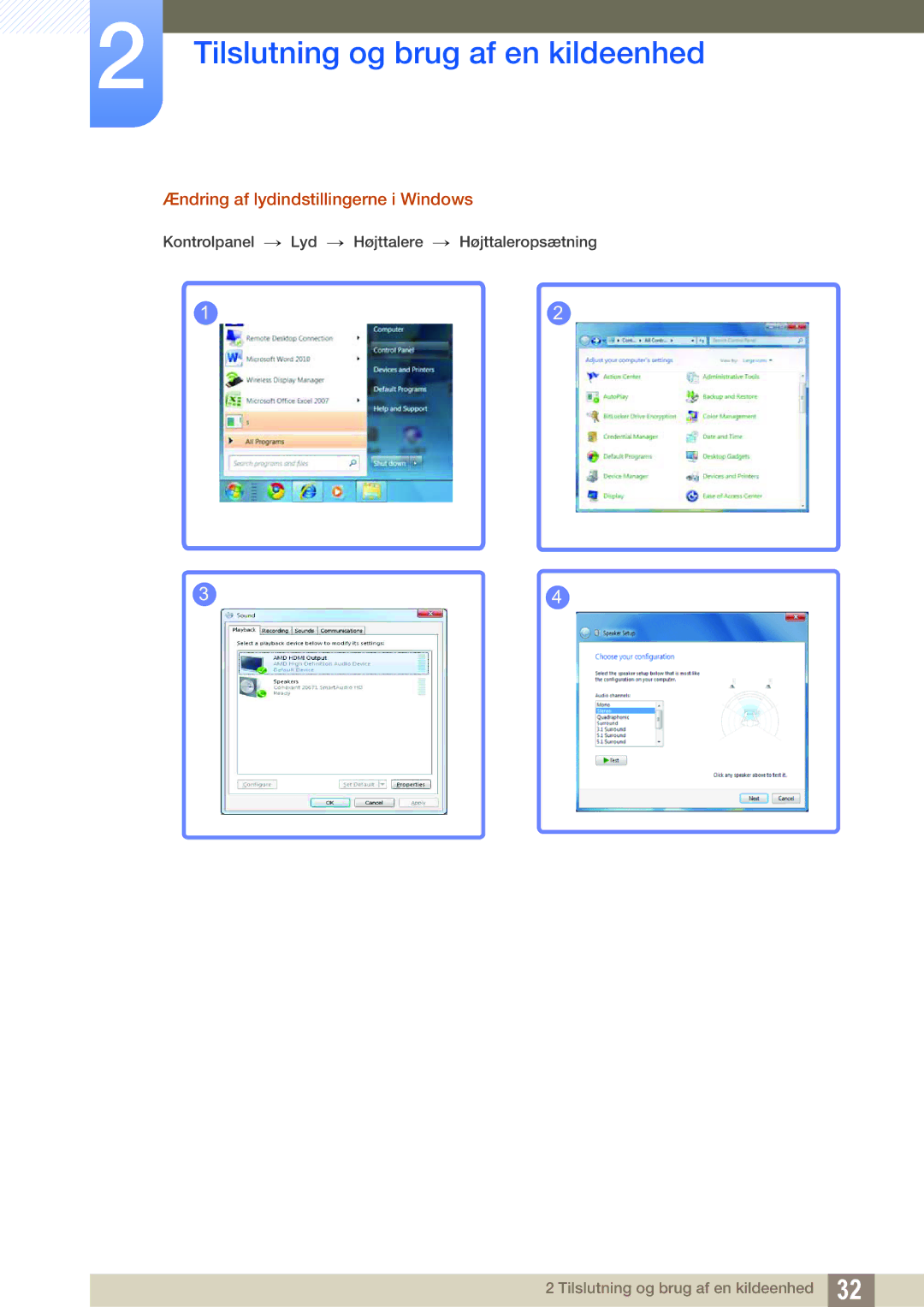 Samsung LU28D590DS/EN manual Ændring af lydindstillingerne i Windows 