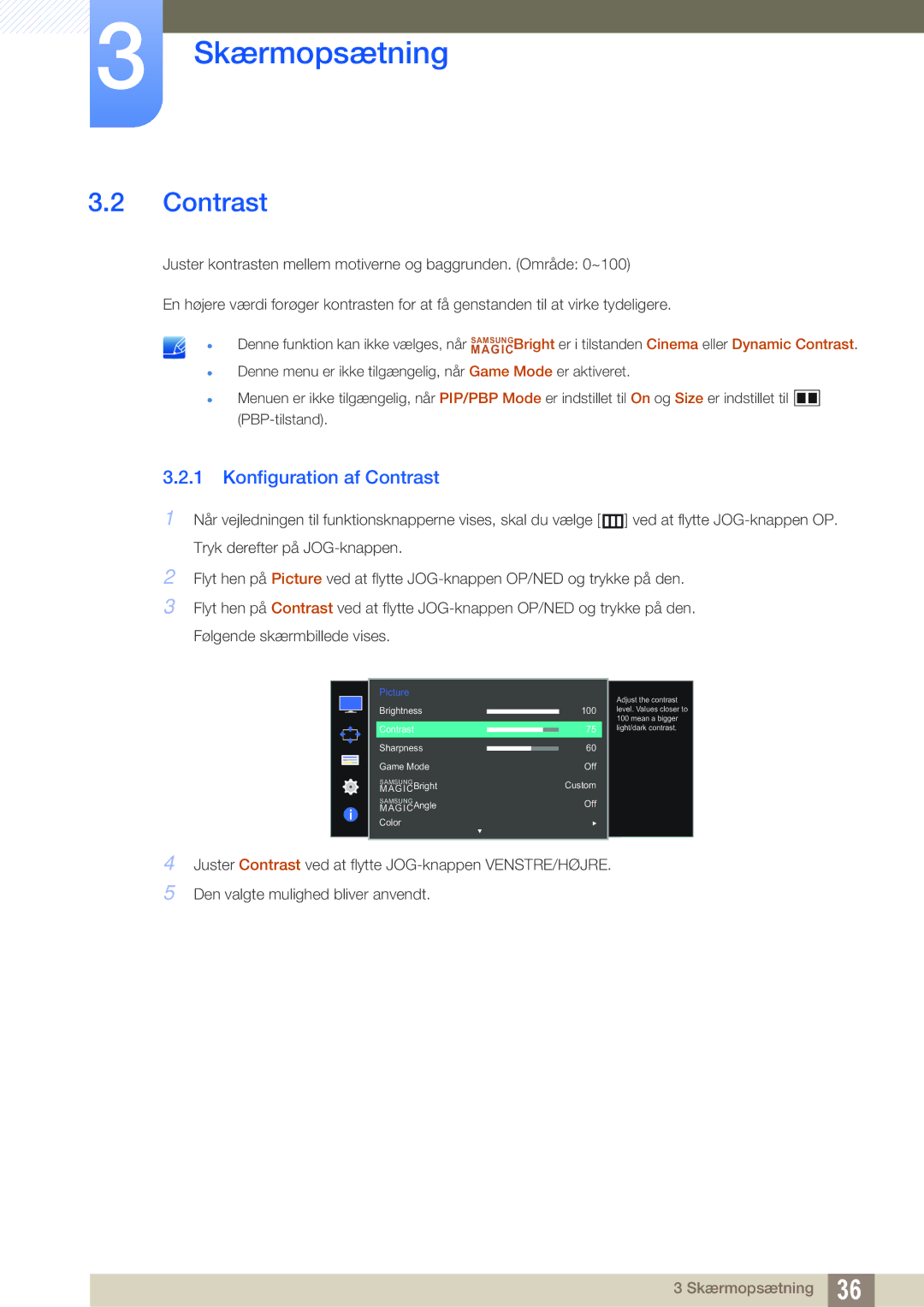 Samsung LU28D590DS/EN manual Konfiguration af Contrast 