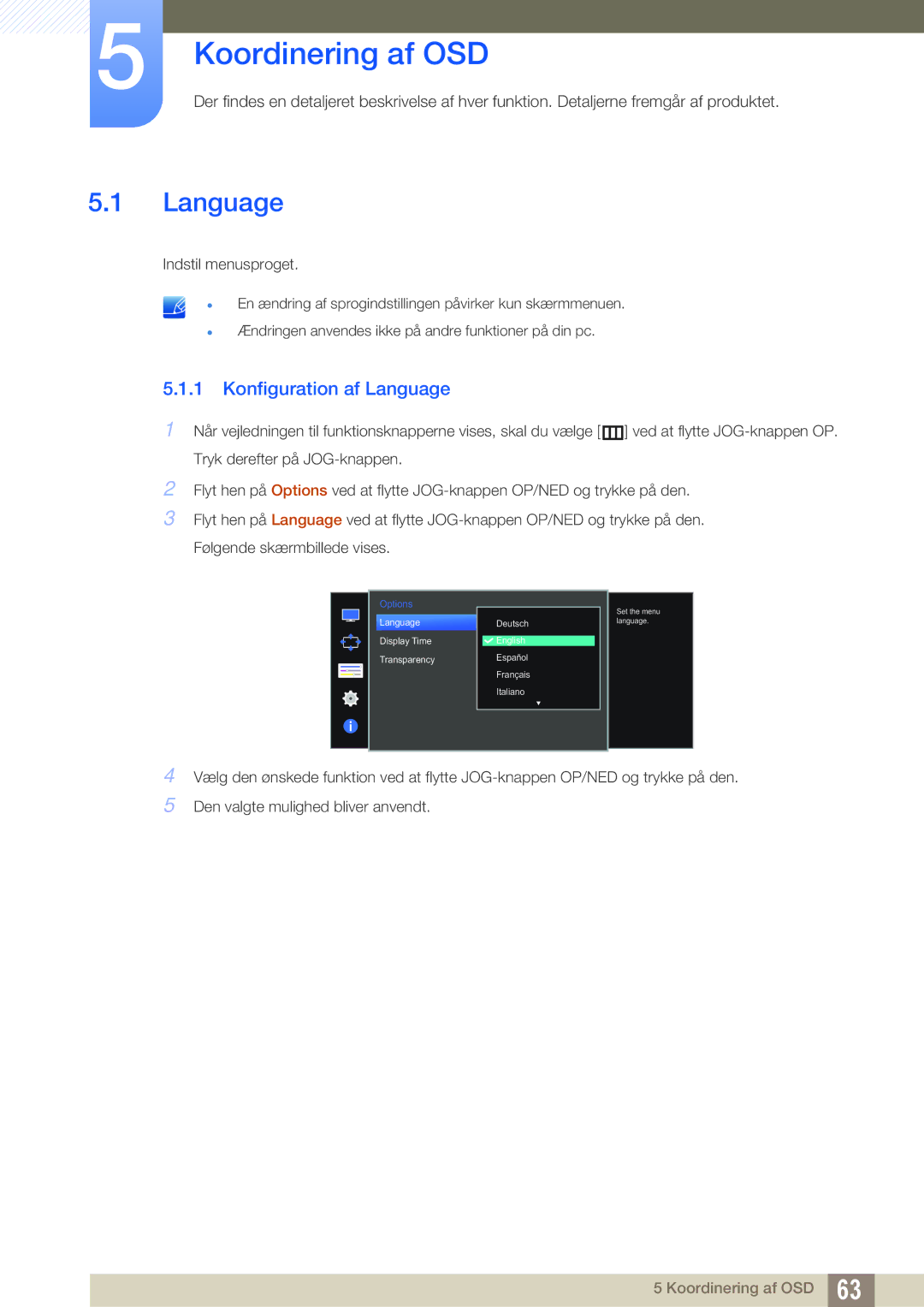 Samsung LU28D590DS/EN manual Koordinering af OSD, Konfiguration af Language 