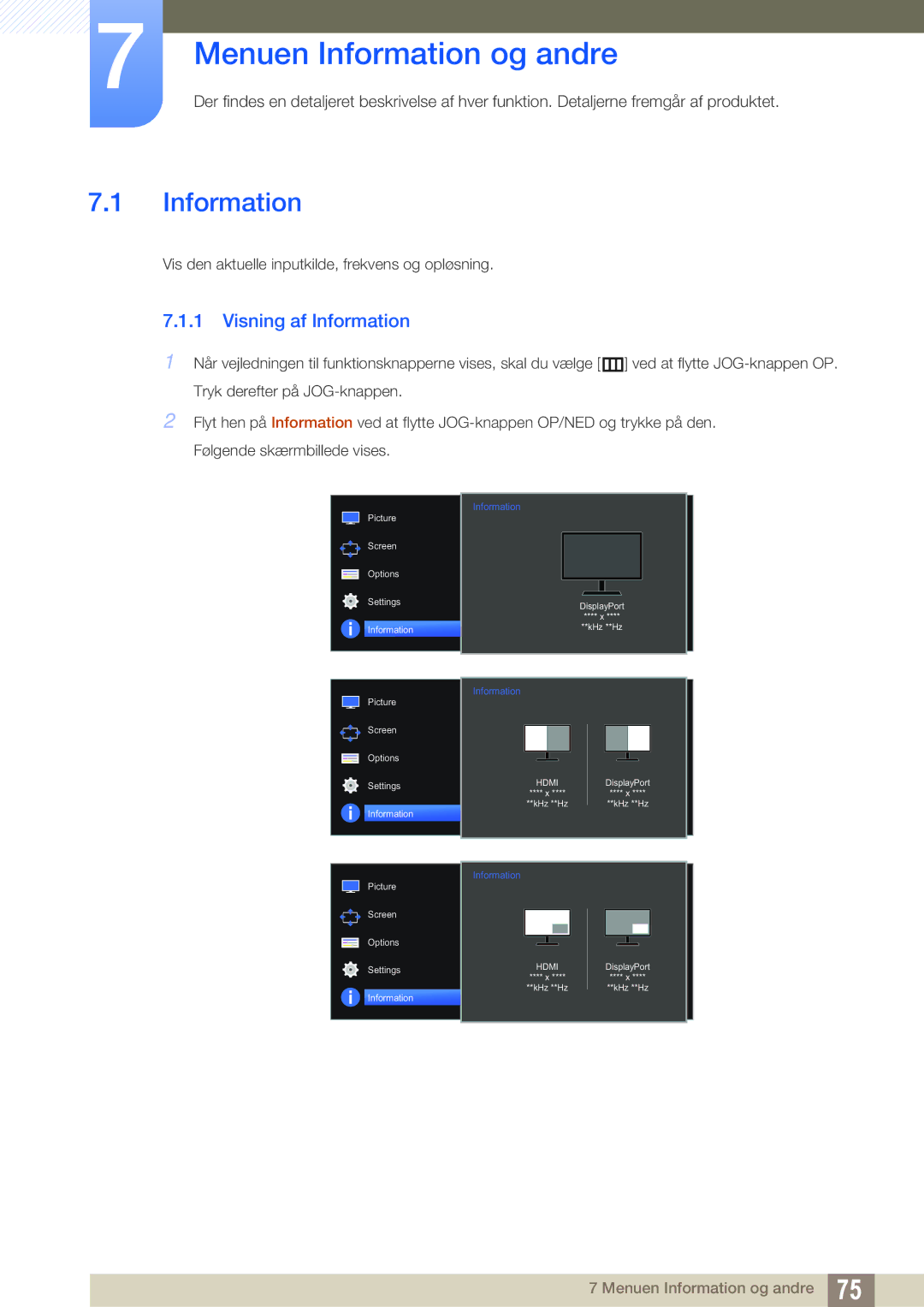 Samsung LU28D590DS/EN manual Menuen Information og andre, Visning af Information 