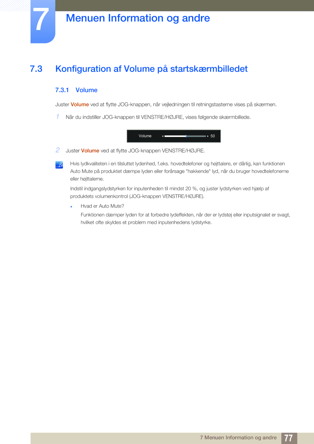 Samsung LU28D590DS/EN manual Konfiguration af Volume på startskærmbilledet 