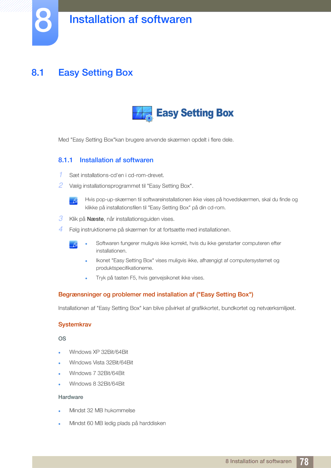 Samsung LU28D590DS/EN manual Installation af softwaren, Easy Setting Box 