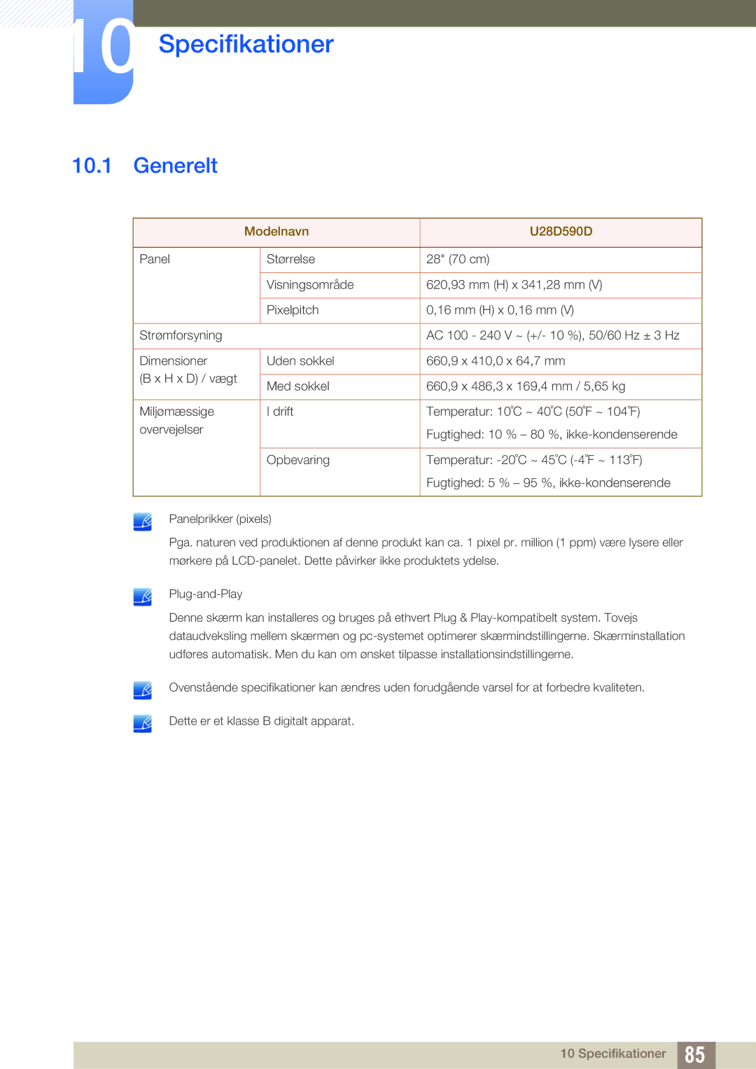 Samsung LU28D590DS/EN manual Specifikationer, Generelt 