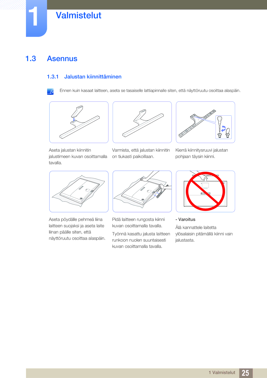 Samsung LU28D590DS/EN manual Asennus, Jalustan kiinnittäminen 