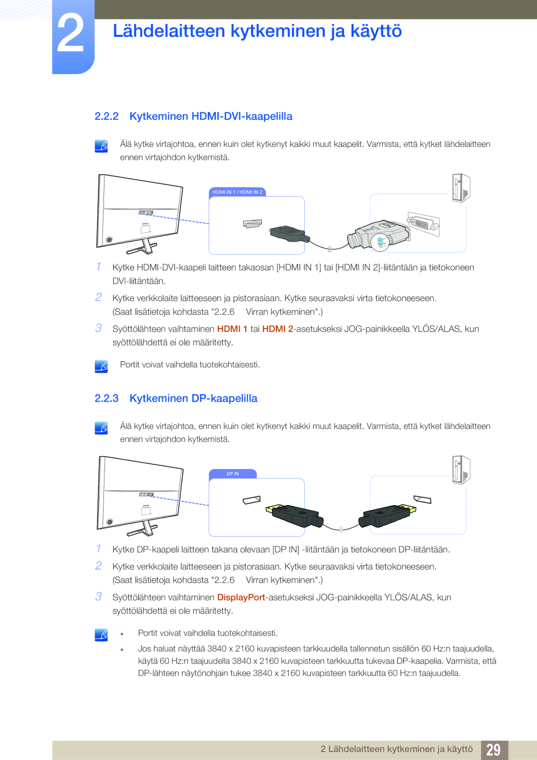 Samsung LU28D590DS/EN manual Kytkeminen HDMI-DVI-kaapelilla, Kytkeminen DP-kaapelilla 