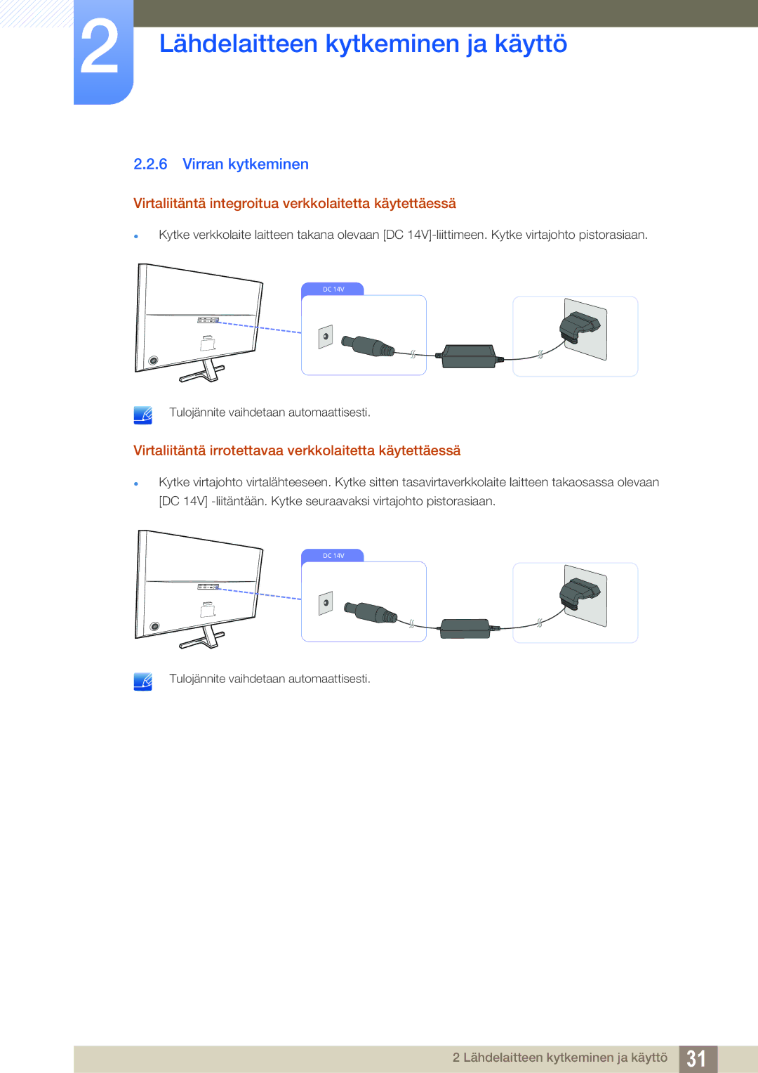 Samsung LU28D590DS/EN manual Virran kytkeminen, Virtaliitäntä integroitua verkkolaitetta käytettäessä 