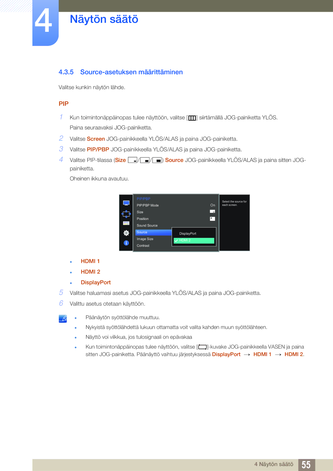 Samsung LU28D590DS/EN manual Source-asetuksen määrittäminen,  Hdmi  DisplayPort 