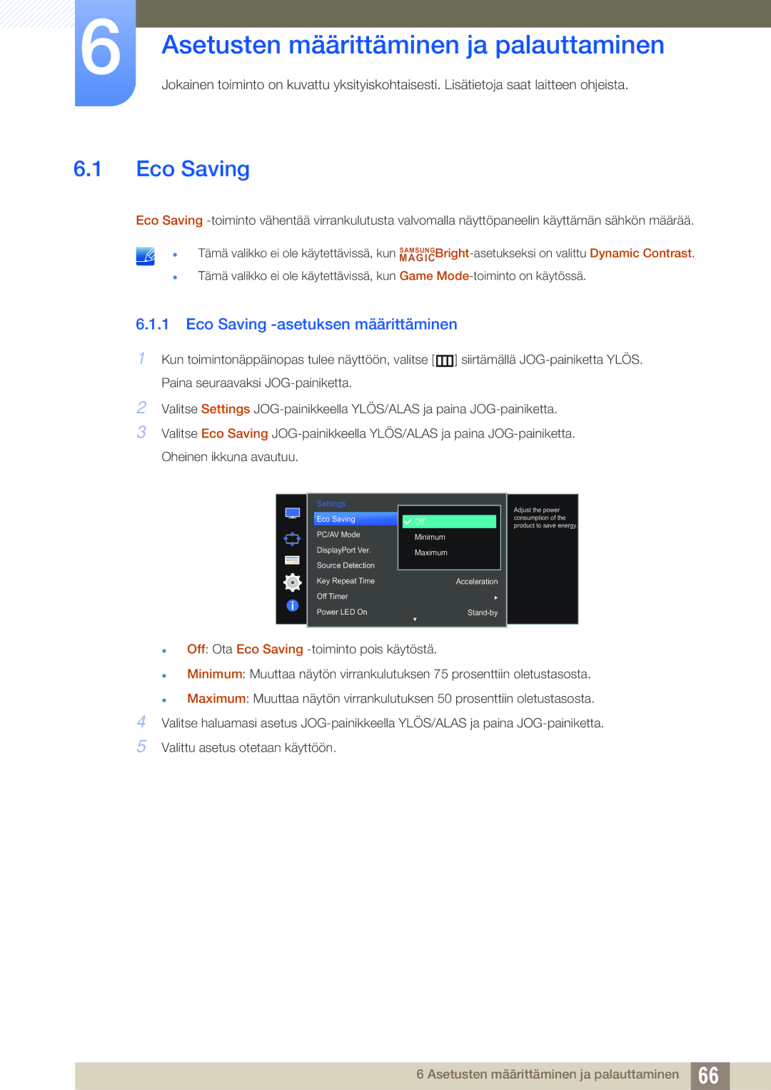 Samsung LU28D590DS/EN manual Asetusten määrittäminen ja palauttaminen, Eco Saving -asetuksen määrittäminen 