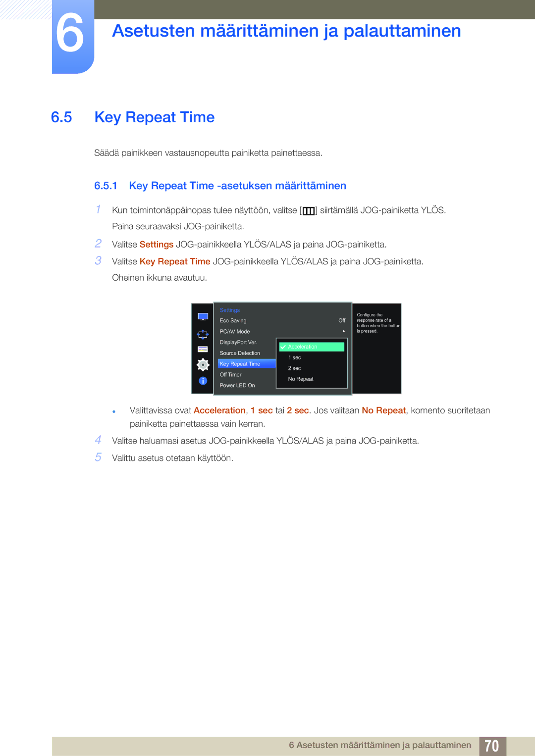 Samsung LU28D590DS/EN manual Key Repeat Time -asetuksen määrittäminen 