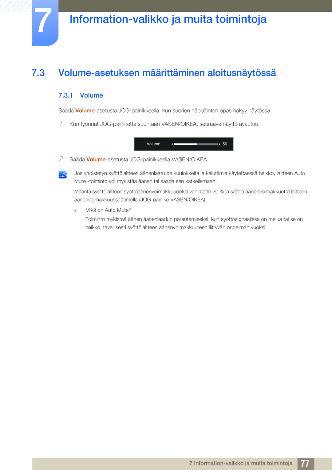 Samsung LU28D590DS/EN manual Volume-asetuksen määrittäminen aloitusnäytössä 