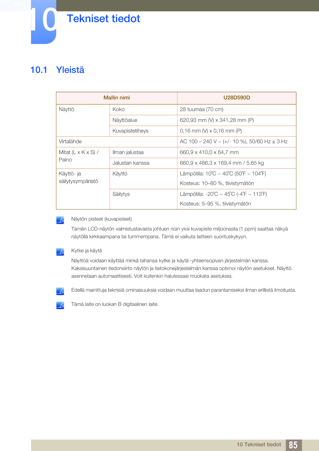 Samsung LU28D590DS/EN manual Tekniset tiedot, Yleistä 