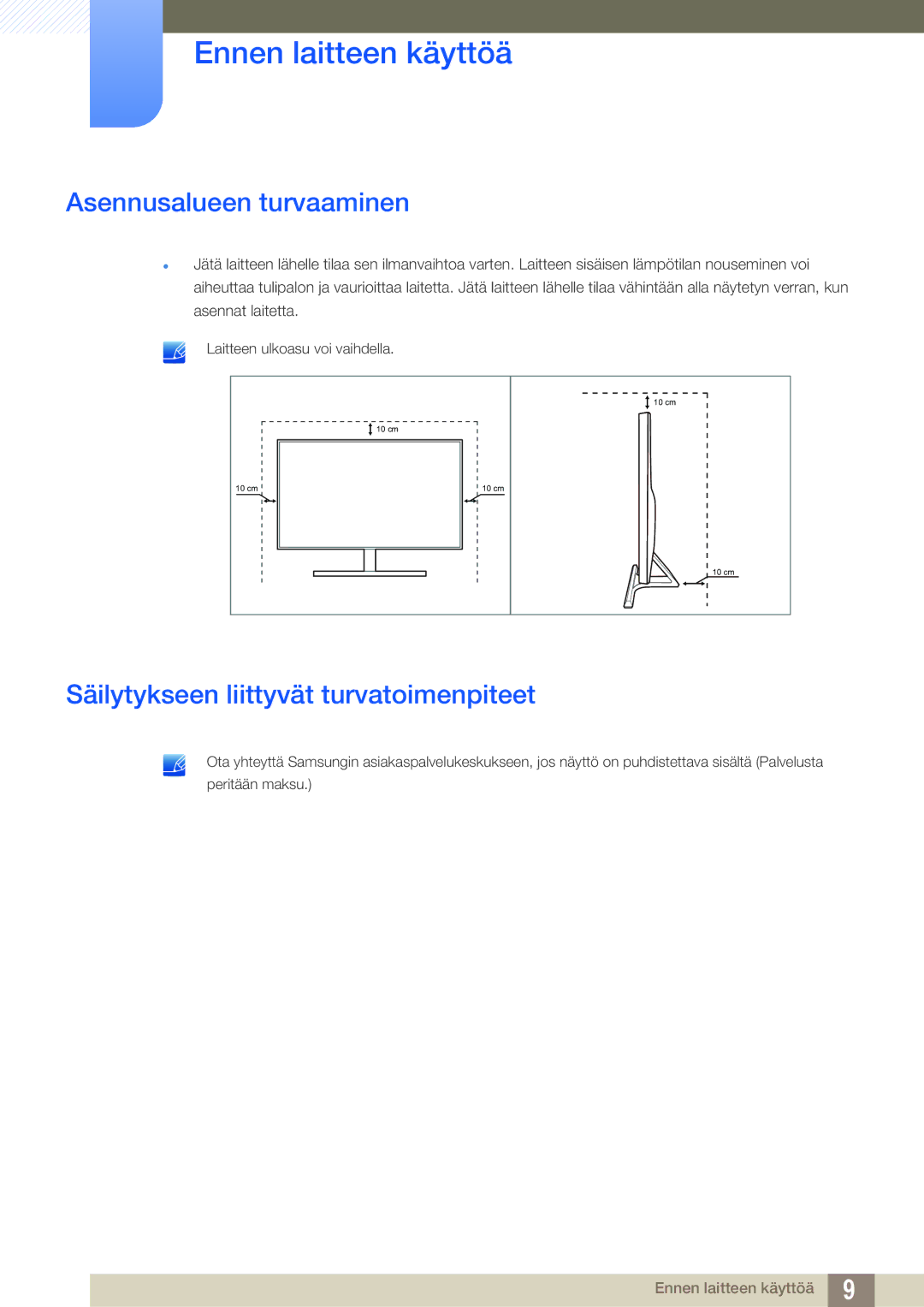 Samsung LU28D590DS/EN manual Asennusalueen turvaaminen, Säilytykseen liittyvät turvatoimenpiteet 