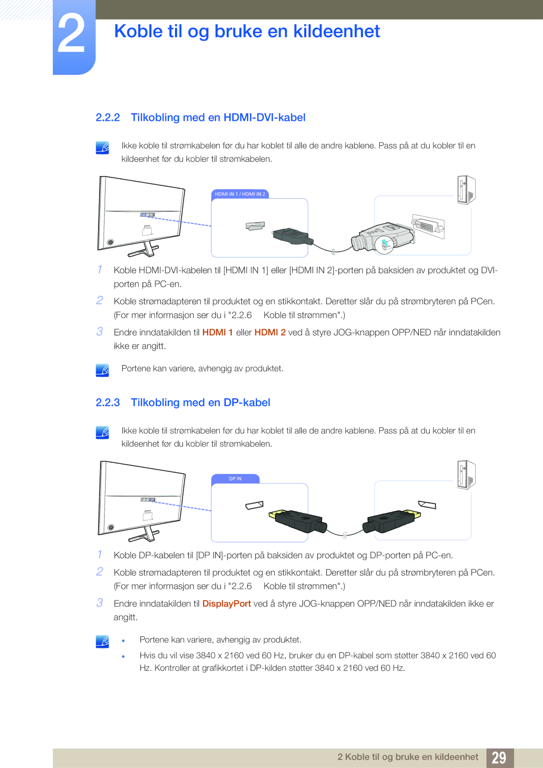 Samsung LU28D590DS/EN manual Tilkobling med en HDMI-DVI-kabel, Tilkobling med en DP-kabel 